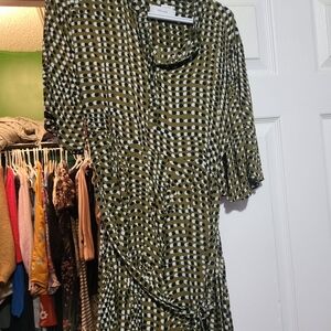 REISS Olive and White Patterned Long Sleeve Dress